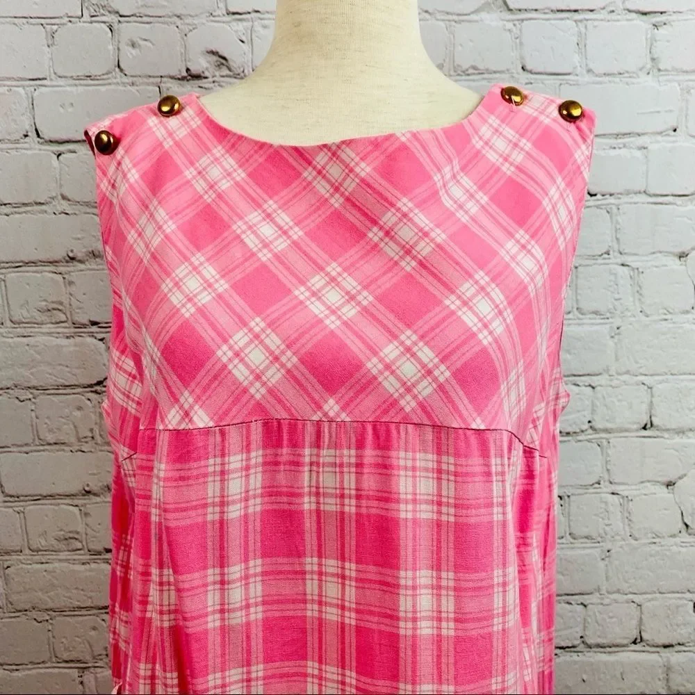 Vintage Pink Plaid Midi Dress Crew neck Sleeveless contour empire waist - Picture 3 of 11
